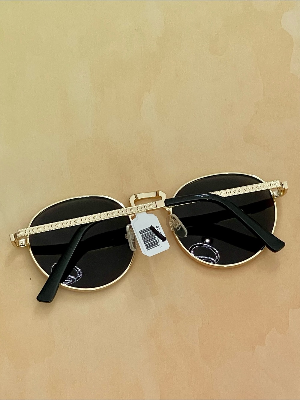Free People Round Textured Metal Frame Sunglasses in Gold with Black Lenses - Picture 7 of 14